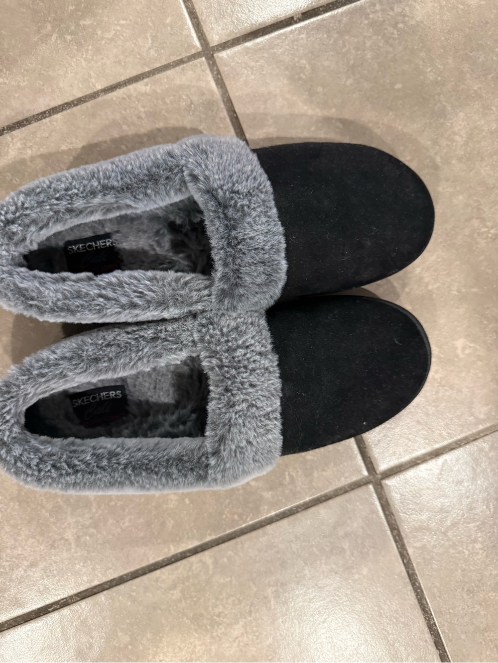 Skechers Black Slip-On Slippers with Gray Faux-Fur Cuff